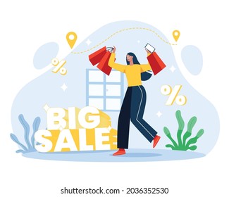 Girls shopping from big sale discount shop illustration concept vector