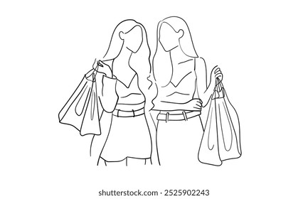 Girls shopping continuous line art drawing isolated on white background. Best friends line art drawing. Vector illustration	