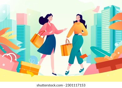 Girls are shopping with houses and plants in the background, vector illustration