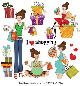 girls at shopping items set on white background