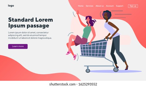 Girls shopping in stores. Female friends riding on cart flat vector illustration. Friendship, fun, retail, customers concept for banner, website design or landing web page