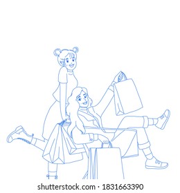 Girls are shopping together character design of vector. Cartoon illustration style.