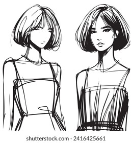 Girls with short hair illustration. Fashion sketch