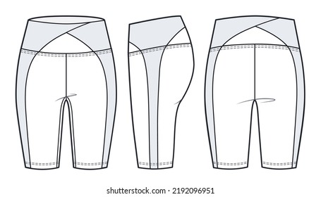 Plantilla de sketch plano de moda de las piernas cortas de la chica. Ilustración de moda técnica de pantalones cortos de ciclismo de uso activo de las mujeres, frontal, lateral, trasera, color blanco, maquillaje CAD.