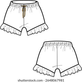 Meninas calça curta com um detalhe elegante flare na bainha. Estas calças confortáveis e na moda são perfeitas para qualquer ocasião, vetor desenho plano