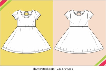 GIRLS SHORT SLEEVE WITH SKIRT DRESS TECHNICAL FASHION FLAT SKETCH