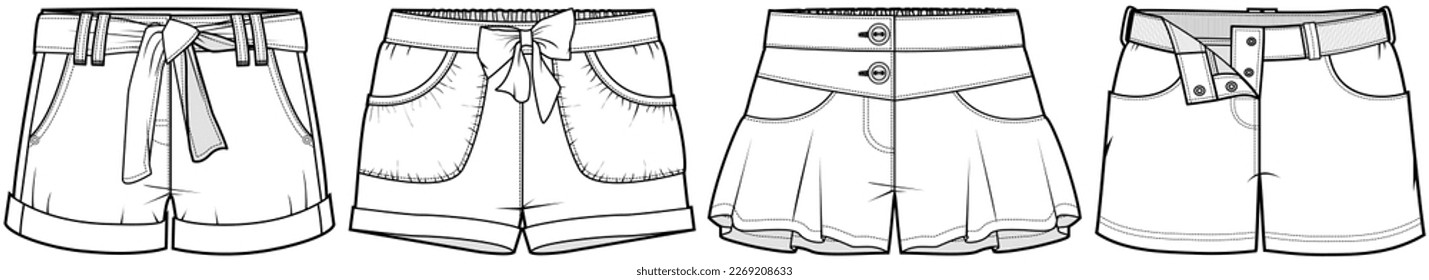 cortos de niñas esbozo plano vector plantilla técnica de dibujo de cad