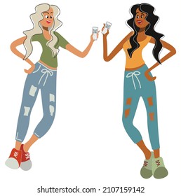 Girls show each other their qr-codes on the smartphone screen. Young happy women demonstrate qr-codes. Vector flat isolated illustration. Free movement concept. Banner, flyer, poster, advertisement.