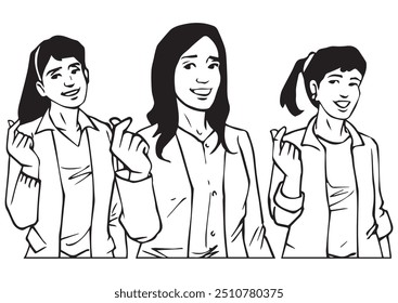 Girls show love symbols with their hands. Illustration in black and white and vector format. This illustration is not an AI Generated content.