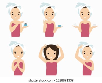 Girls show the process using cosmetics with various gestures, illustration design.