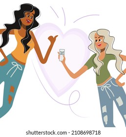 Las chicas muestran el código qr a su amiga en la pantalla del smartphone. Niña afroamericana se da el pulgar hacia arriba. Mujeres jóvenes felices. El concepto de lucha es el de protección de la salud. Cartel aislado de vectores.