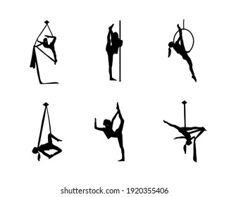 The girls silhouette is engaged in aerial acrobatics. Set of stock vector illustrations for your business, scrapbook, magazine.