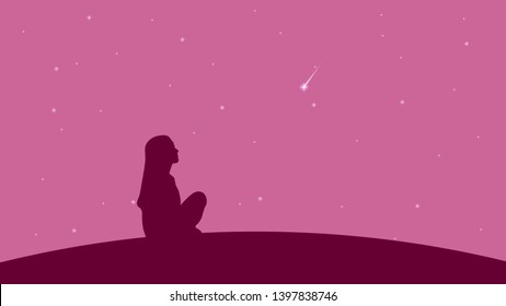 Girl's silhouette on the pink starry sky background vector design