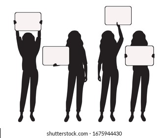 A girl's silhouette with a poster in her hand. Black and white vector illustration 
