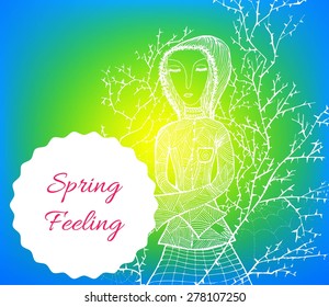 Girl's silhouette with tree branches. Decorative card with lettering "Spring Feeling". Vector illustration.