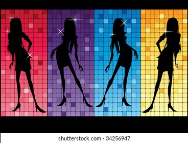 Girls silhouettes in 4 different colour backgrounds
