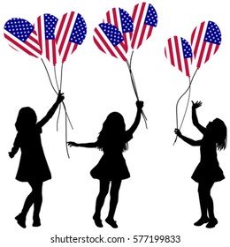 Girls silhouettes with USA patriotic balloons