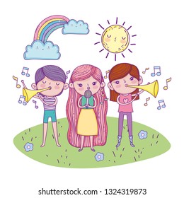 girls singing and boy playing trumpet in the landscape