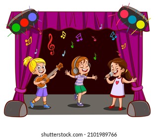 girls singing, dancing and playing guitar on stage. vector illustration