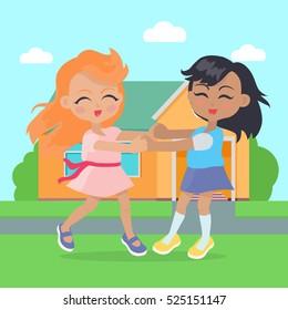 Girls singing and dancing in ring near cottage house. Adorable little girls have leisure time. School girls during break. Young ladies at playing playground in flat style. Daily activity. Vector