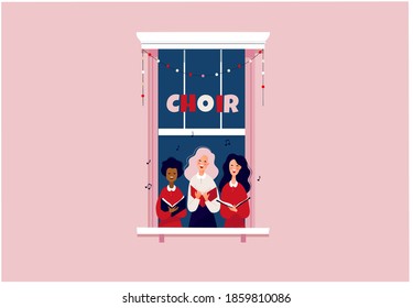 Girls singing in a little choir. Stay at home or lockdown concept. People in window frame singing Christmas carols. Flat vector illustration.