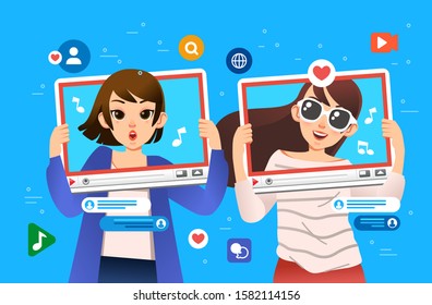 girls singing and talking, making content for social media vector illustration. use for poster, banner, infographic and other
