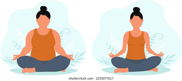 Girls sit in the lotus position doing yoga. A plump woman with excess weight and fat and slim with normal figure. The concept body positivity, proper nutrition and physical activity. Vector graphics.