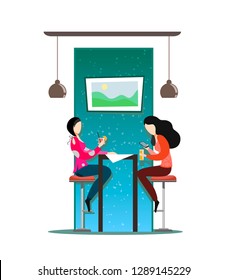 The girls sit on the bar stools at the table and talk. Vector illustration on white background. Flat Characters