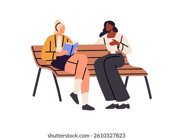 Girls sit on bench, talk, spend time outdoors together. Friends relax in park, communicate and read book. Happy students study with textbook. Flat isolated vector illustration on white background.