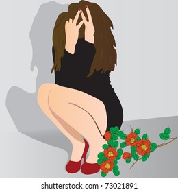 girls sits with a bunch of flowers