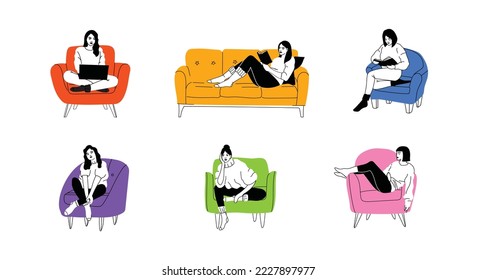 Girls sitting in armchair, sofa at home. Woman with laptopor book on the chair, sofa. Freelance or studying concept. Female character, chatting online using laptop, resting