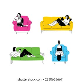 Girls sitting in armchair, sofa at home. Woman with laptop, mobile phone and book on the chair, sofa. Freelance or studying concept. Female character, chatting online using laptop, resting