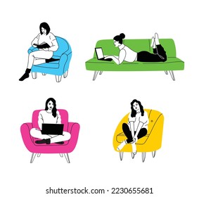 Girls sitting in armchair, sofa at home. Woman with laptop, mobile phone and book on the chair, sofa. Freelance or studying concept. Female character, chatting online using laptop, resting