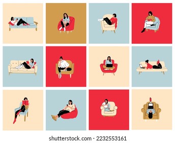 Girls sitting in armchair, sofa at home. Woman with laptop, mobile phone and book on the chair, sofa. Freelance or studying concept. Female character, chatting online using laptop, resting