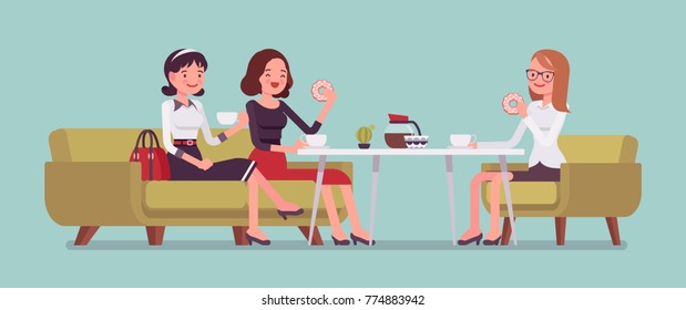 Garotas sentadas em um café. Encontro informal amigável feminino para refrescar e conversar, ter refeições ligeiras e bebidas em um pequeno restaurante, conversar juntos. Ilustração de desenhos animados estilo plano vetorial