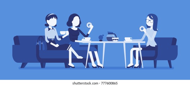 Girls sitting in a cafe. Female friendly informal meeting for refreshment and talk, having drinks in a small restaurant, chatting together. Vector business concept illustration, faceless characters