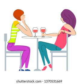 girls sitting in a cafe talking and drinking wine. Vector illustration of meeting friends