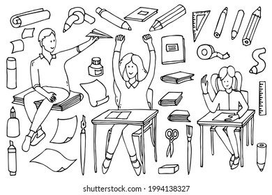 Girls sitting in chairs at tables are happy to be back at school. Boy with airplane in the hand sitting on book. Learn in  home, school. Doodle style hand drawn with ink illustration vector.