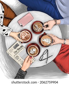 Girls are sitting at the coffee table   holding coffee cups  Eyeglasses  phone   newspaper the table 