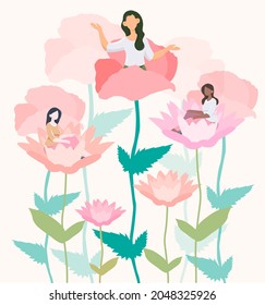 Girls Sitting In Flowers. Picture For Eighth Of March, Greeting Card, International Womens Day. Plants, Nature, Gifts In Watercolor Style. Cartoon Flat Vector Illustration Isolated On White Background