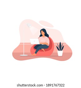 Girls sitting with laptop, trendy flat illustration vector