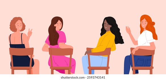 Girls sitting on chairs together, people turning around with different gestures on meeting. Young happy female characters smile and wink, show peace gesture and wave, cartoon vector illustration