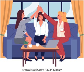 Girls sitting on comfy sofa, talking. Happy smiling women chatting and relaxing on couch together. Business ladies during day off having rest at home. Recreation with friends, friendship concept