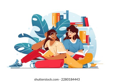 Niñas sentadas en el suelo con libros en las manos, rodeadas de estantes con libros, ilustración vectorial. Concepto de lectura.