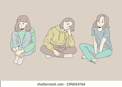Girls sitting on the floor in various postures. hand drawn style vector design illustrations.