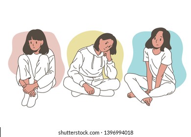 Girls are sitting on the floor and worrying with a serious face. hand drawn style vector design illustrations.