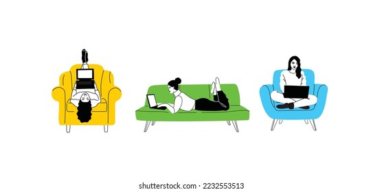 Girls sitting on sofa at home. Women with laptop on the couch. Freelance or studying concept. Female character, chatting online using laptop, resting
