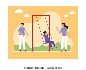 Chicas sentadas en un columpio con su padre empujándolas y su madre sacando fotos del momento, patio de juegos en un parque de la ciudad. Diseño de caracteres. Ilustración plana del vector