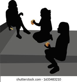 girls sitting at stairs, eating hamburger and talking, silhouette vector