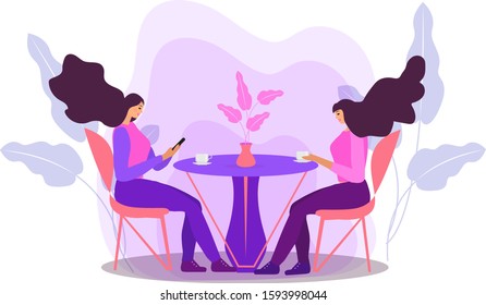 Girls are sitting at a table in a cafe drinking coffee. Women in a restaurant, friends communicate. Flat modern illustration. Vector